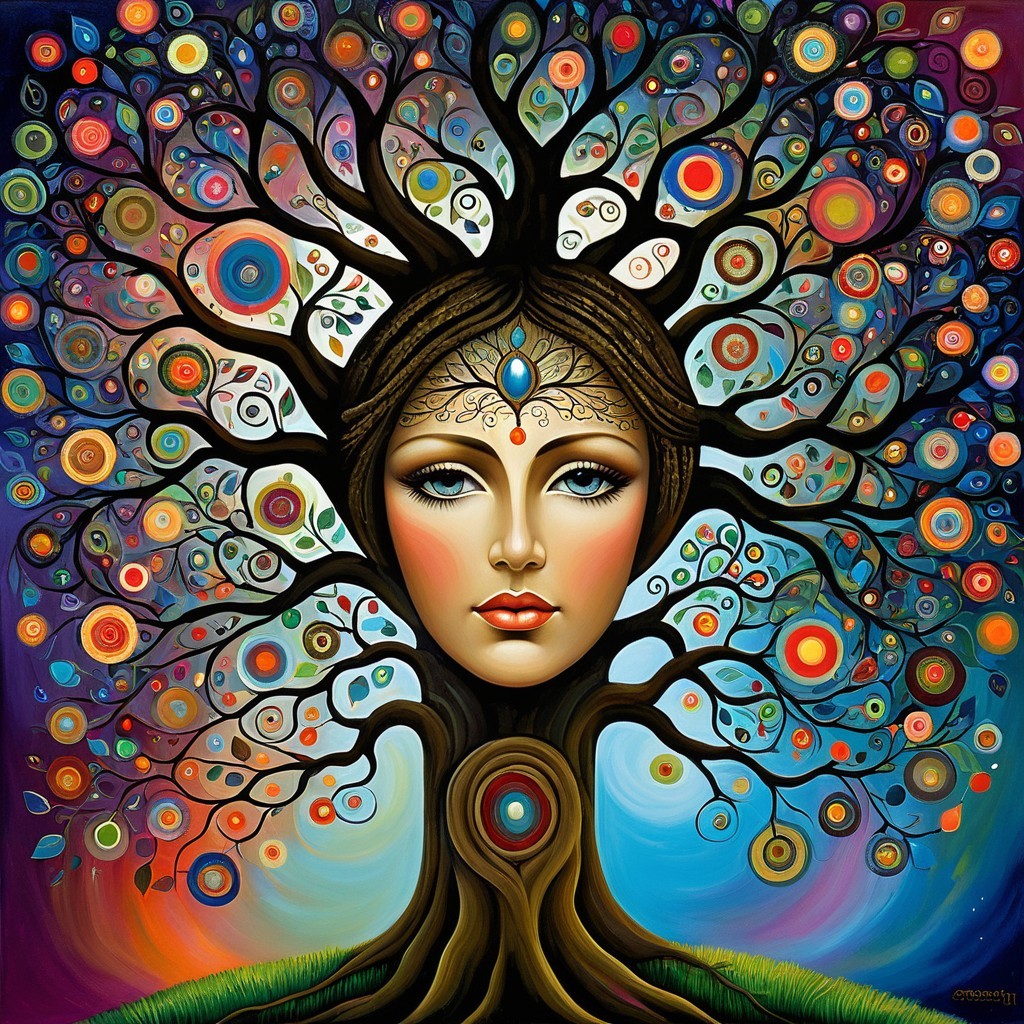 Tree and Woman Face Merging in Vibrant Artwork