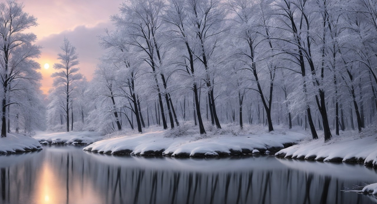 Serene Winter Landscape with Frosted Trees and River