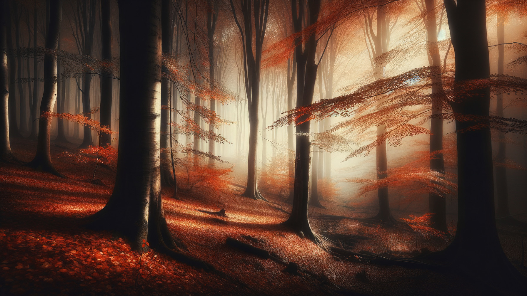 Serene Misty Forest with Autumn Leaves and Sunlight