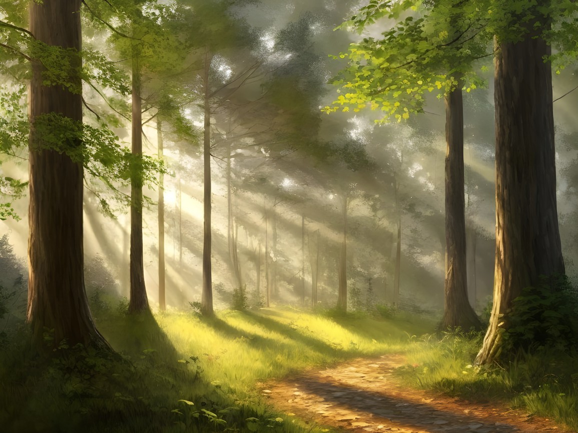 Sunlit Forest Path with Cobblestone Trail and Verdant Foliage