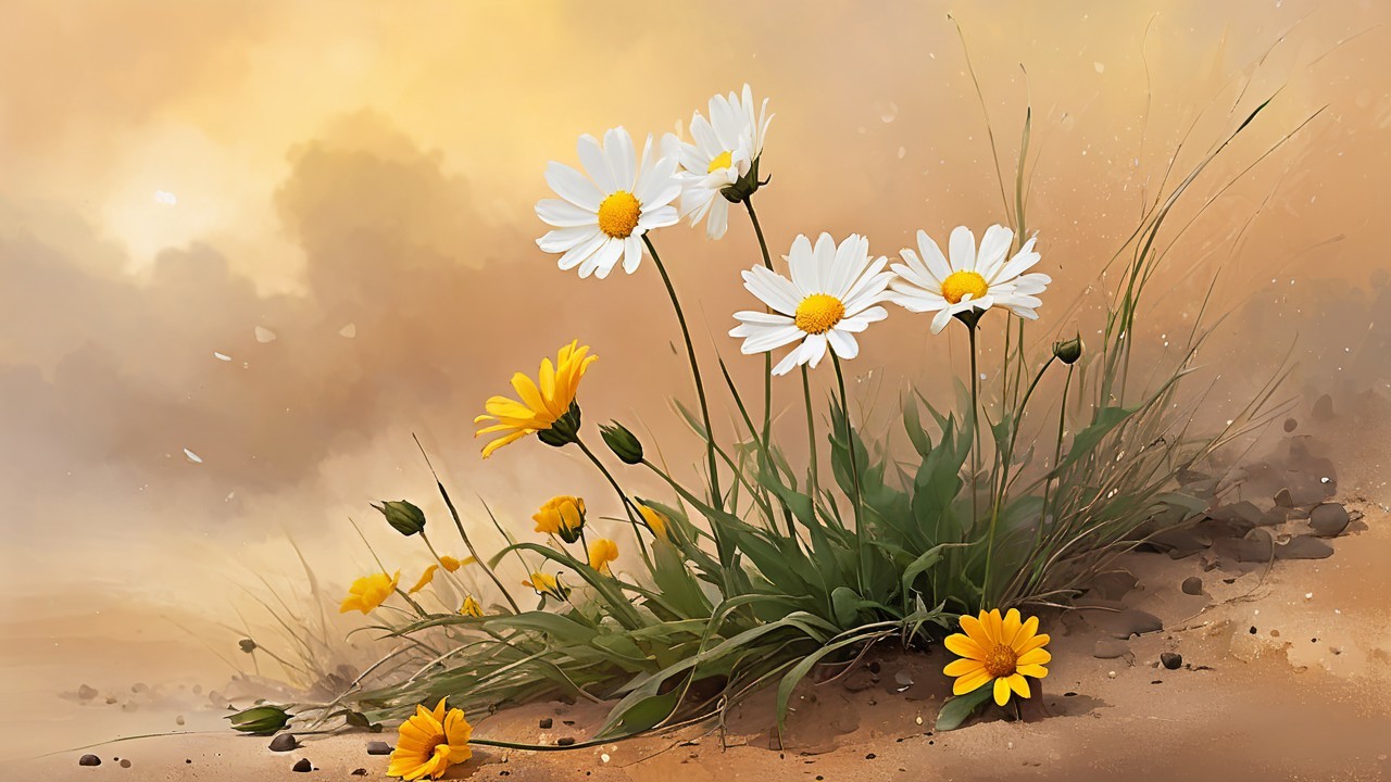 Vibrant White Daisies and Yellow Flowers in Sand