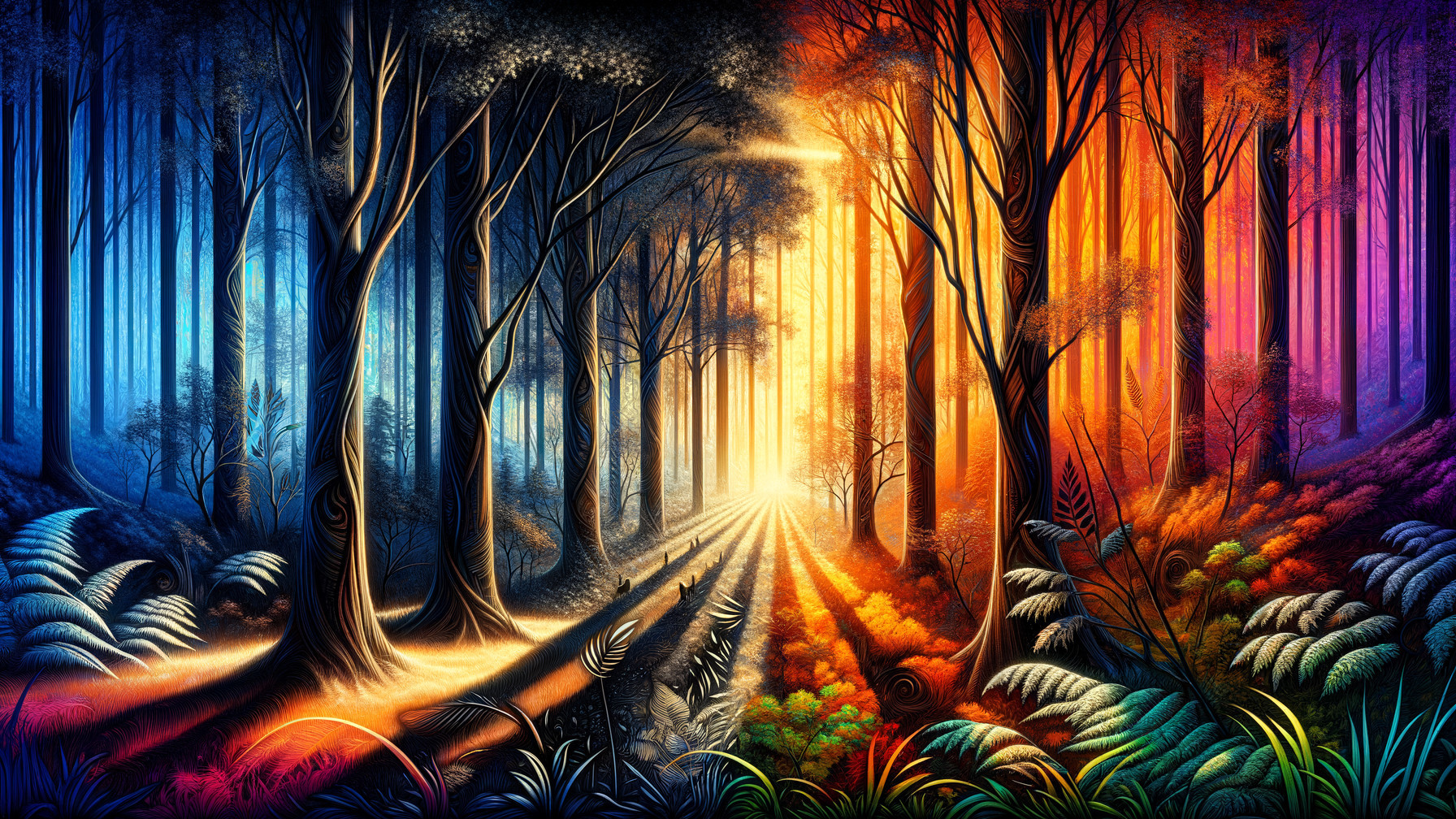 Vibrant Forest Scene with Blue and Orange Hues