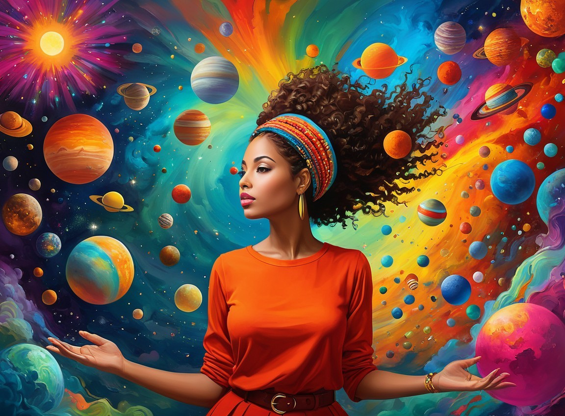 Portrait of a woman in cosmic setting with vibrant colors