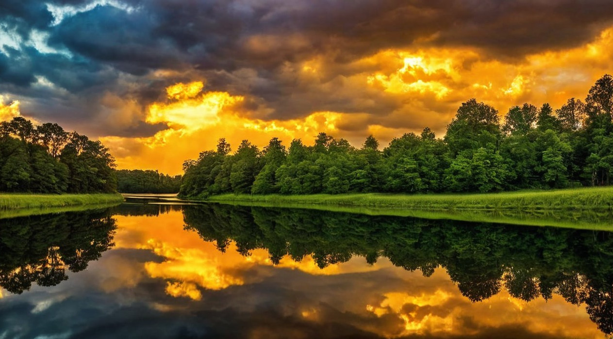 Serene Sunset Landscape with Calm River Reflection
