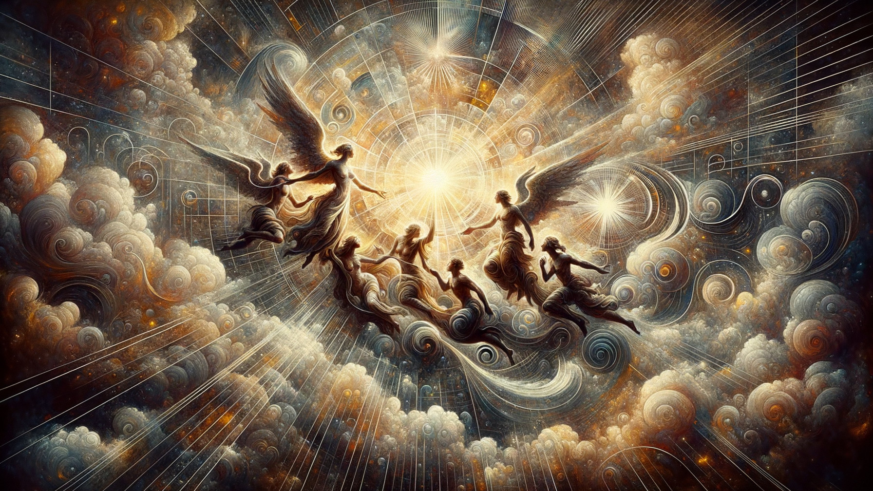 Celestial Scene with Ethereal Figures in Clouds