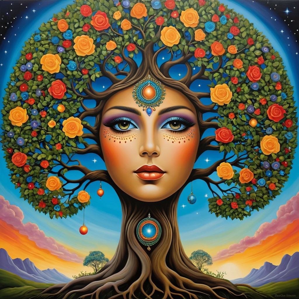Vibrant Portrait of Woman Merging with Nature Elements