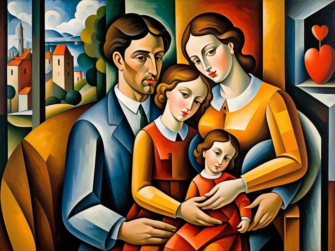 Cubist Family Portrait with Abstract Background Elements