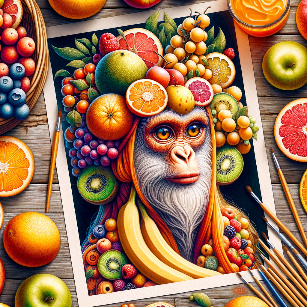 Whimsical Monkey Illustration with Fruit Crown
