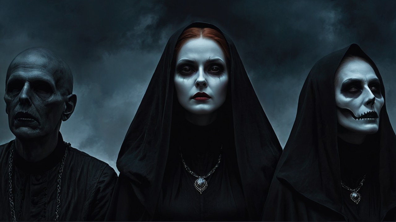 Three Cloaked Figures in a Gothic Atmosphere