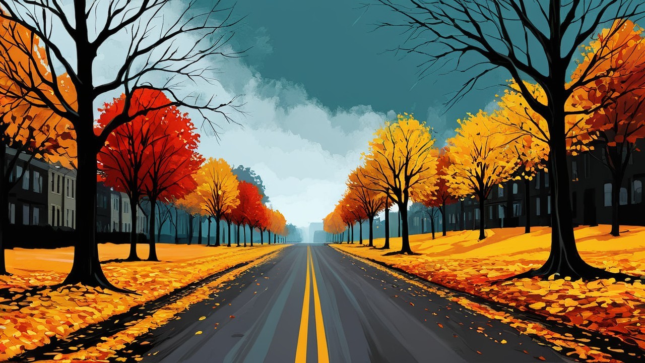 Autumn Scene of a Tree-Lined Street with Foliage