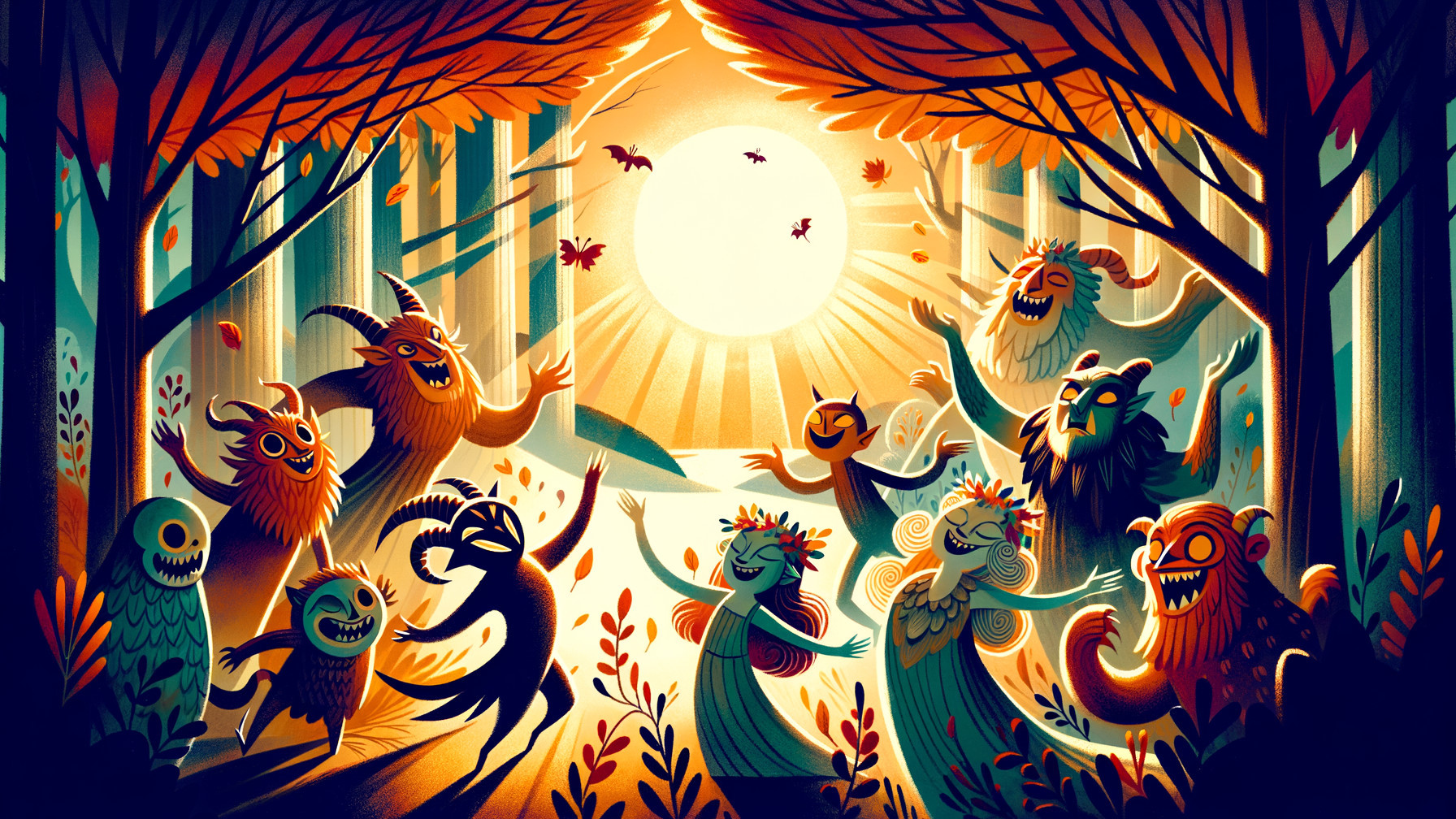 Whimsical Forest Scene with Playful Creatures