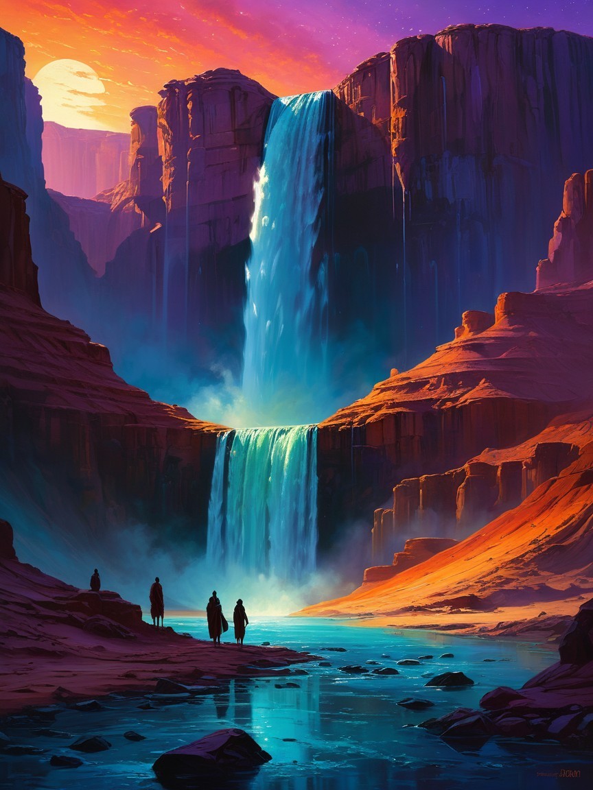 Majestic Waterfall at Sunset Over Serene River