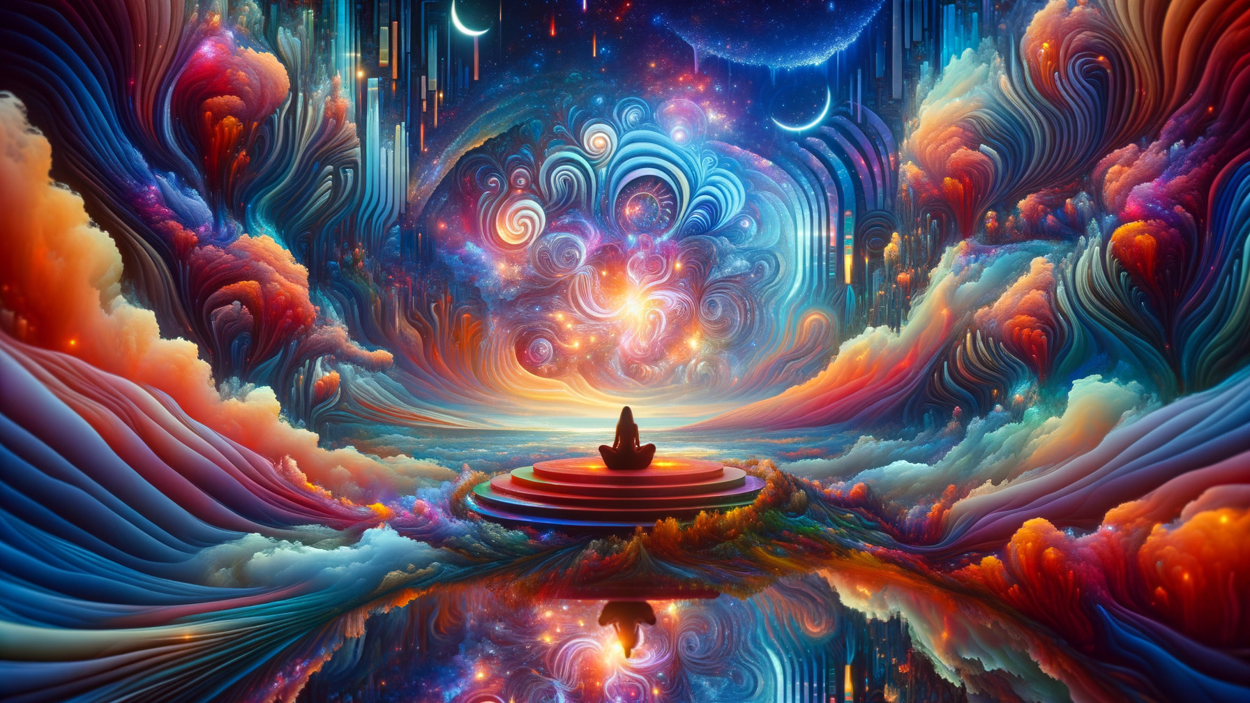 Vibrant Cosmic Landscape with Meditative Figure