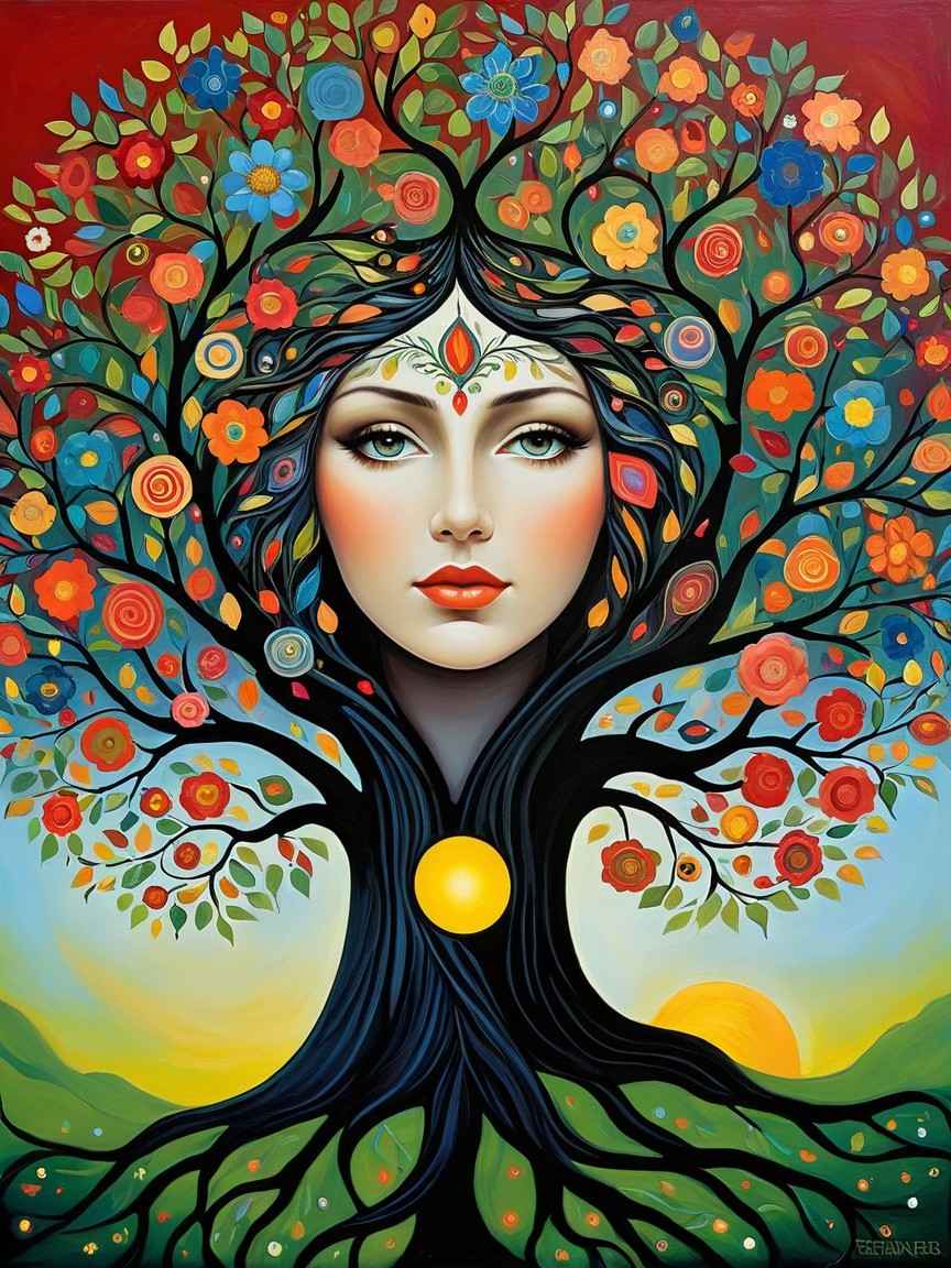Surreal Portrait of a Woman with Tree Hair and Flowers