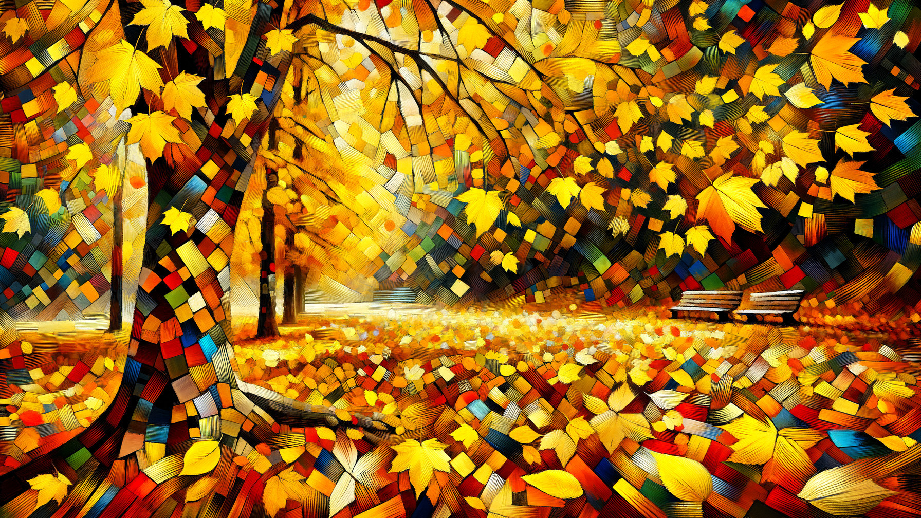Vibrant Autumn Scene with Colorful Foliage and Benches