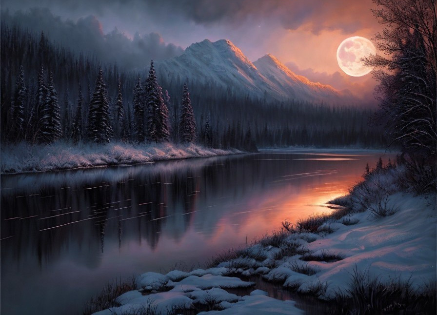 Full Moon Winter Landscape: Snow-Capped Mountains, River, Pine Trees