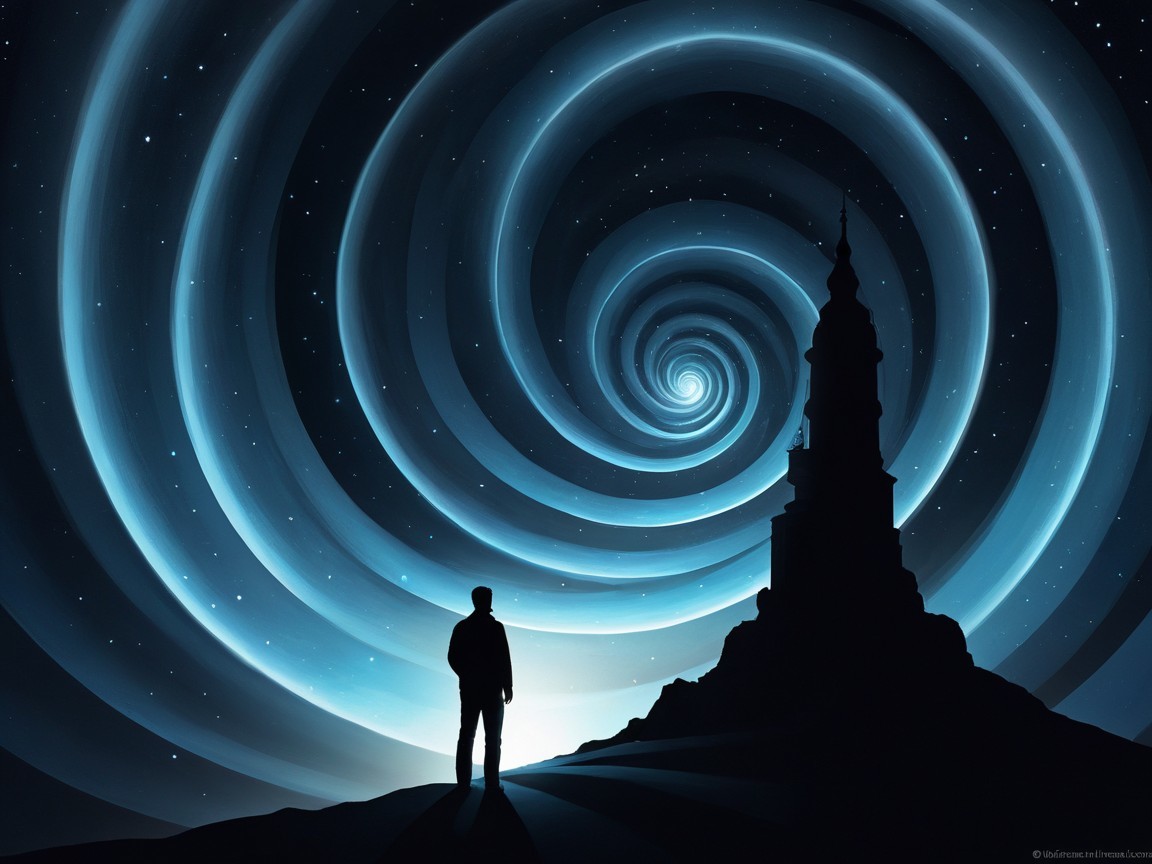 Silhouetted Figure and Lighthouse Under Cosmic Vortex