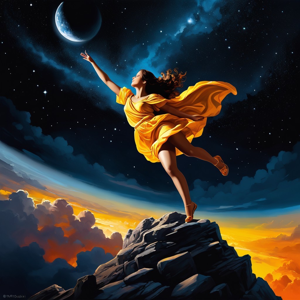 Woman in Yellow Dress Reaching for Crescent Moon