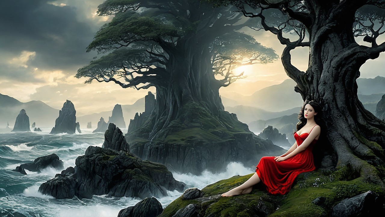 Woman in red gown by tree overlooking seascape
