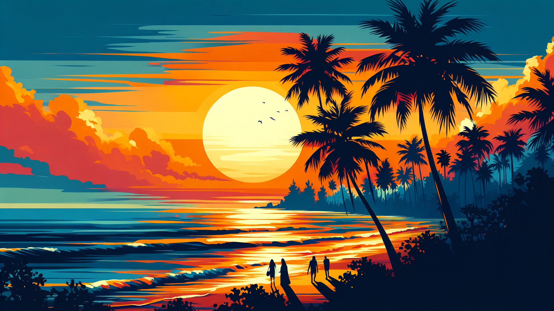 Vibrant Sunset Over Tranquil Beach with Silhouettes