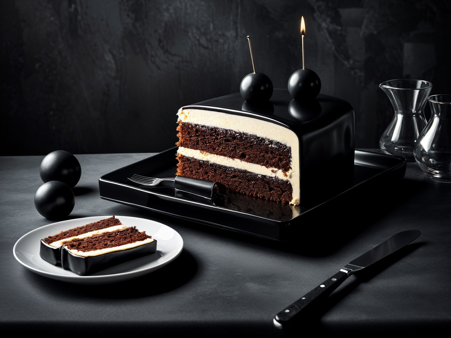 Modern Black Cake with Chocolate Layers and Candles