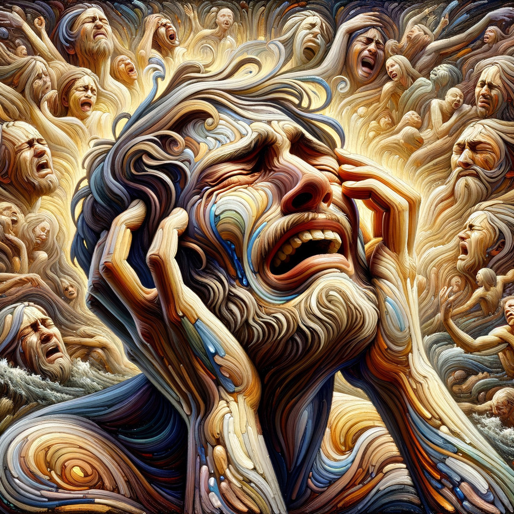 Artwork of a man in despair amidst chaotic emotions
