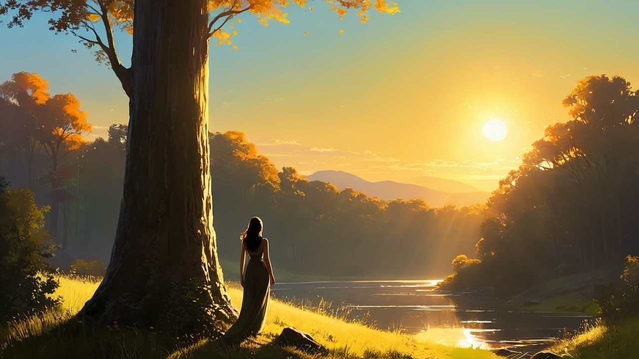 Serene Dawn Landscape with Silhouette and Autumn Foliage
