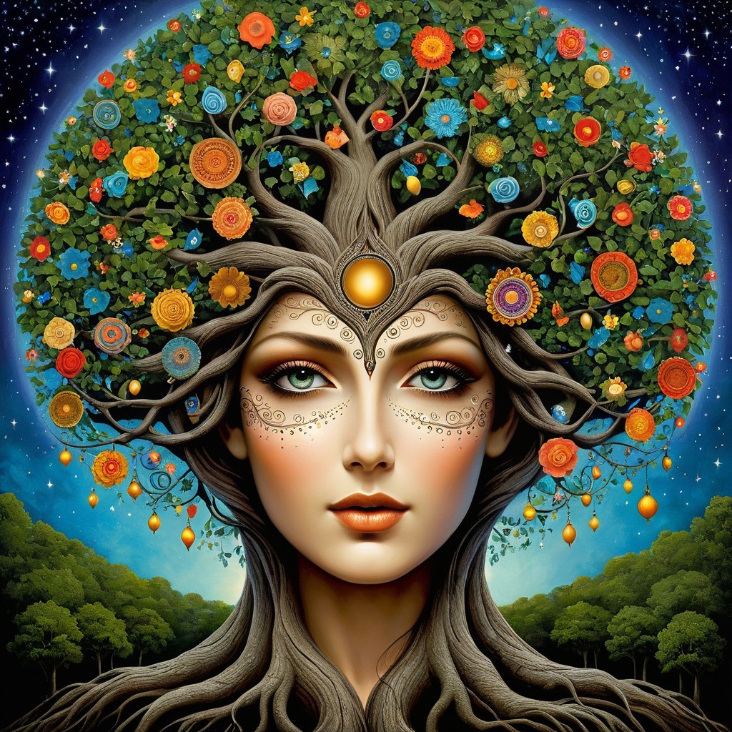 Surreal Female Figure with Tree-Like Features and Stars