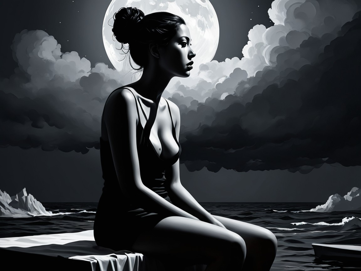Contemplative Figure on Boat Under Full Moonlight