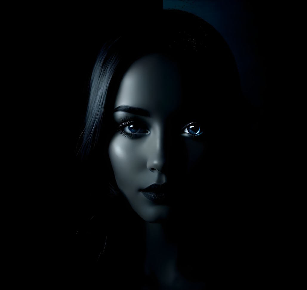 Woman's Face with Intense Blue Eyes in Darkness