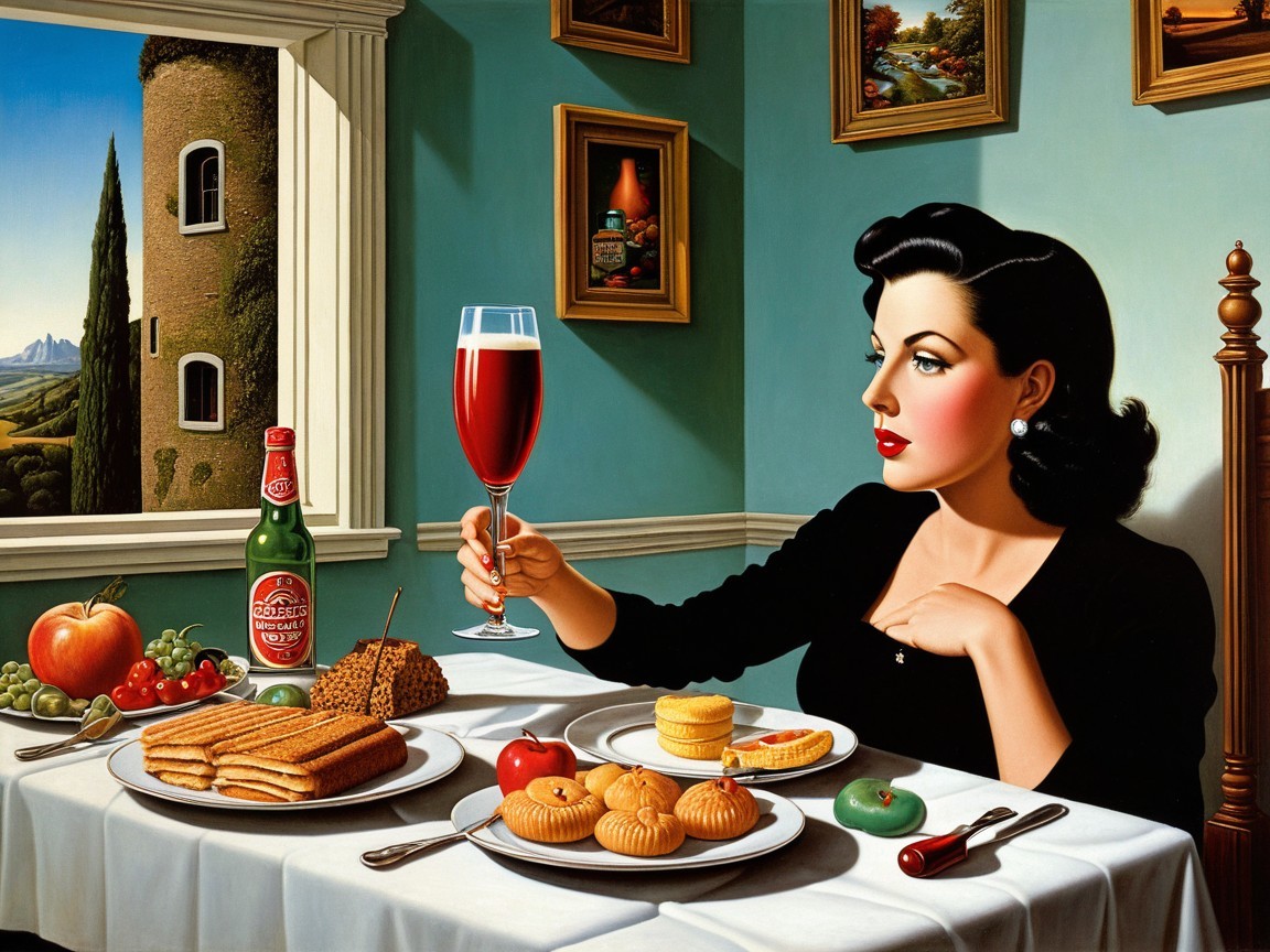Woman in black dress at table with colorful food