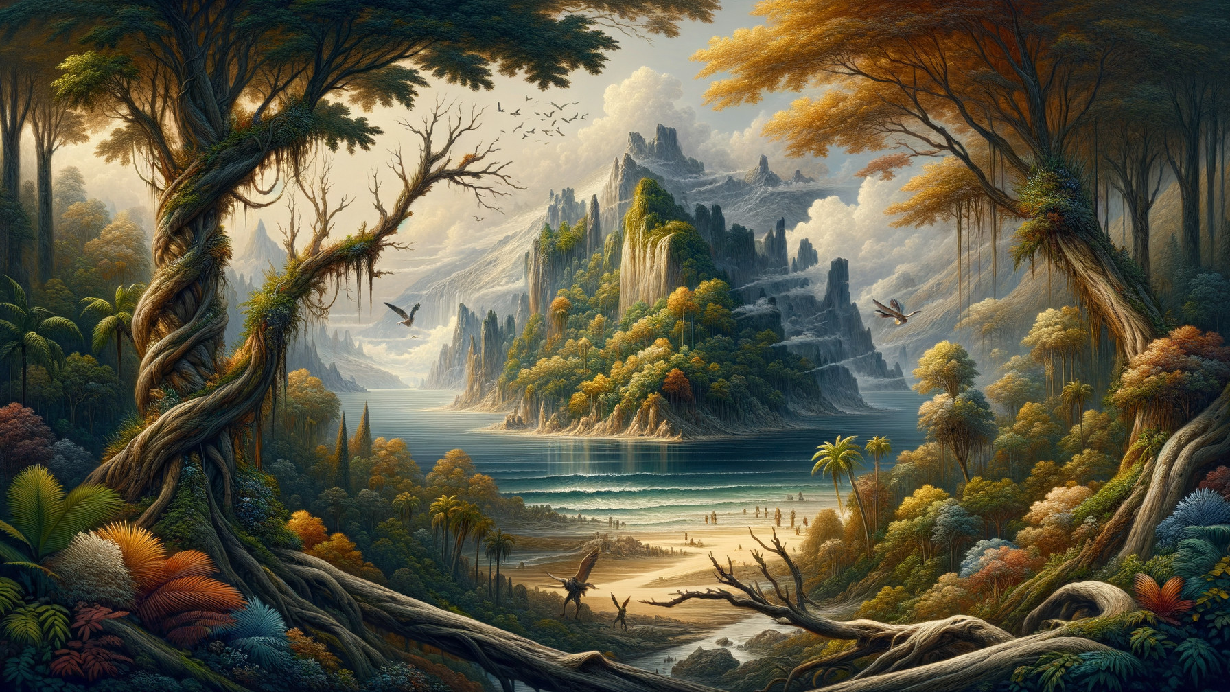 Serene Beach Landscape with Lush Greenery and Mountains