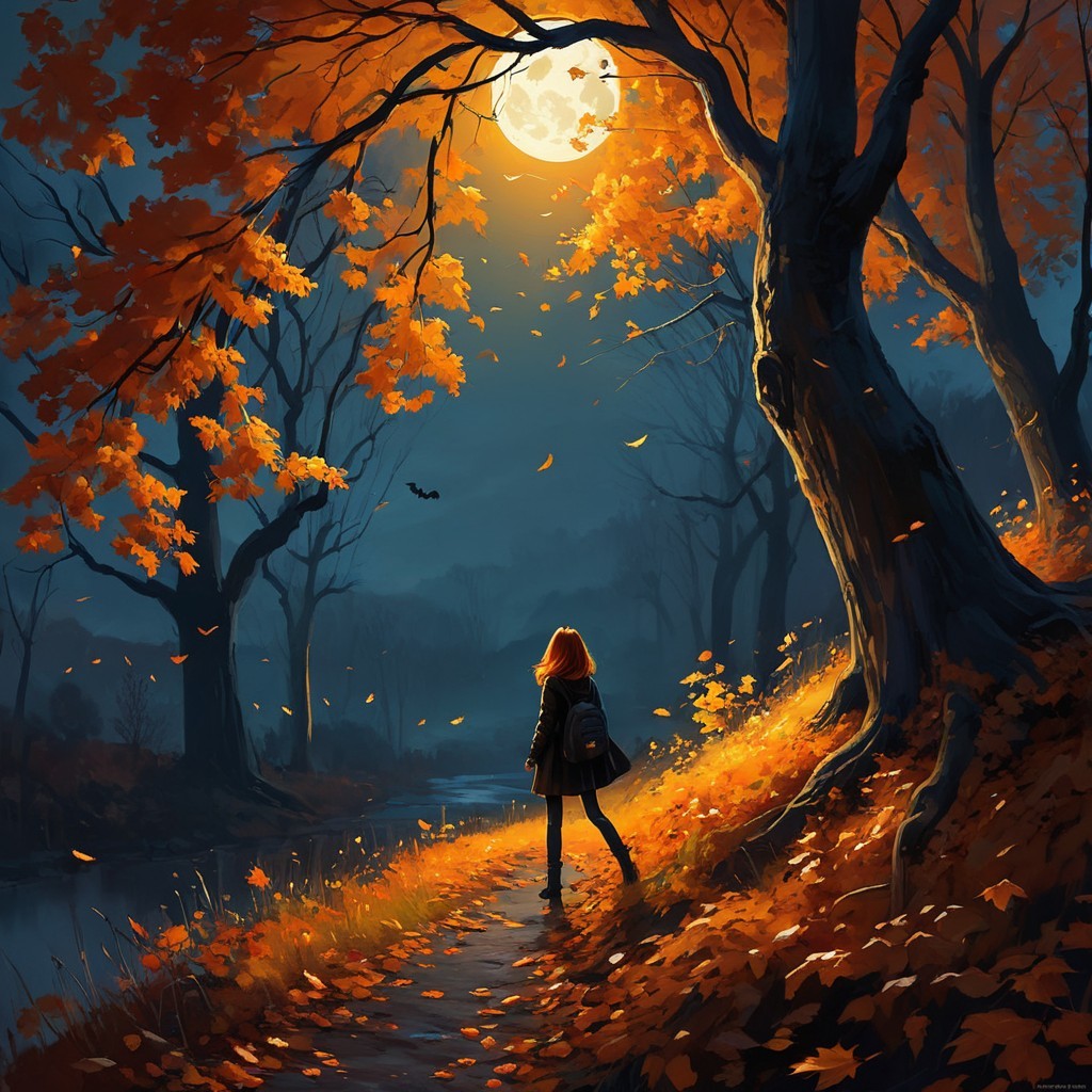 Solitary Figure on a Moonlit Path with Autumn Foliage
