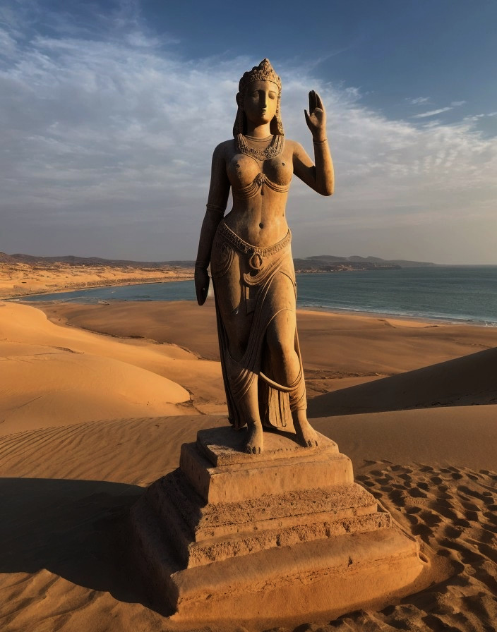 Female Figure Statue in Sand Dunes at Golden Hour