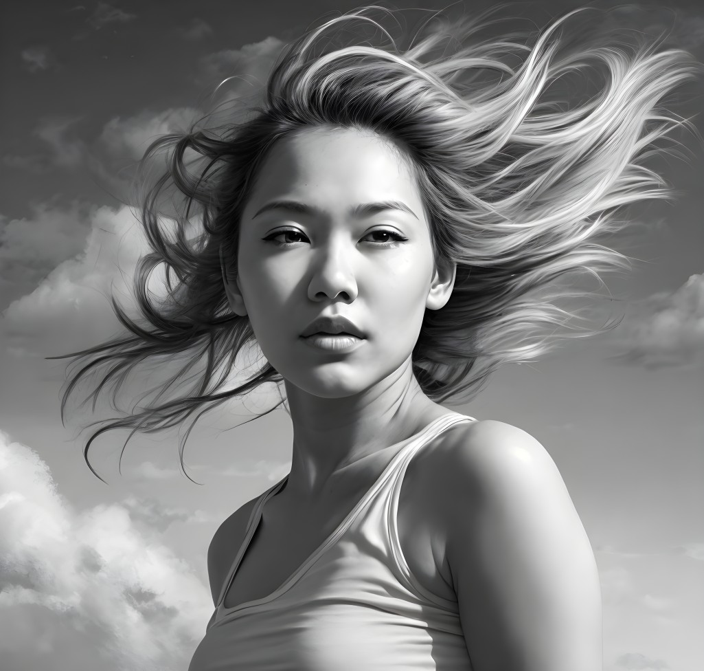 Black-and-White Portrait of a Young Woman Against Clouds