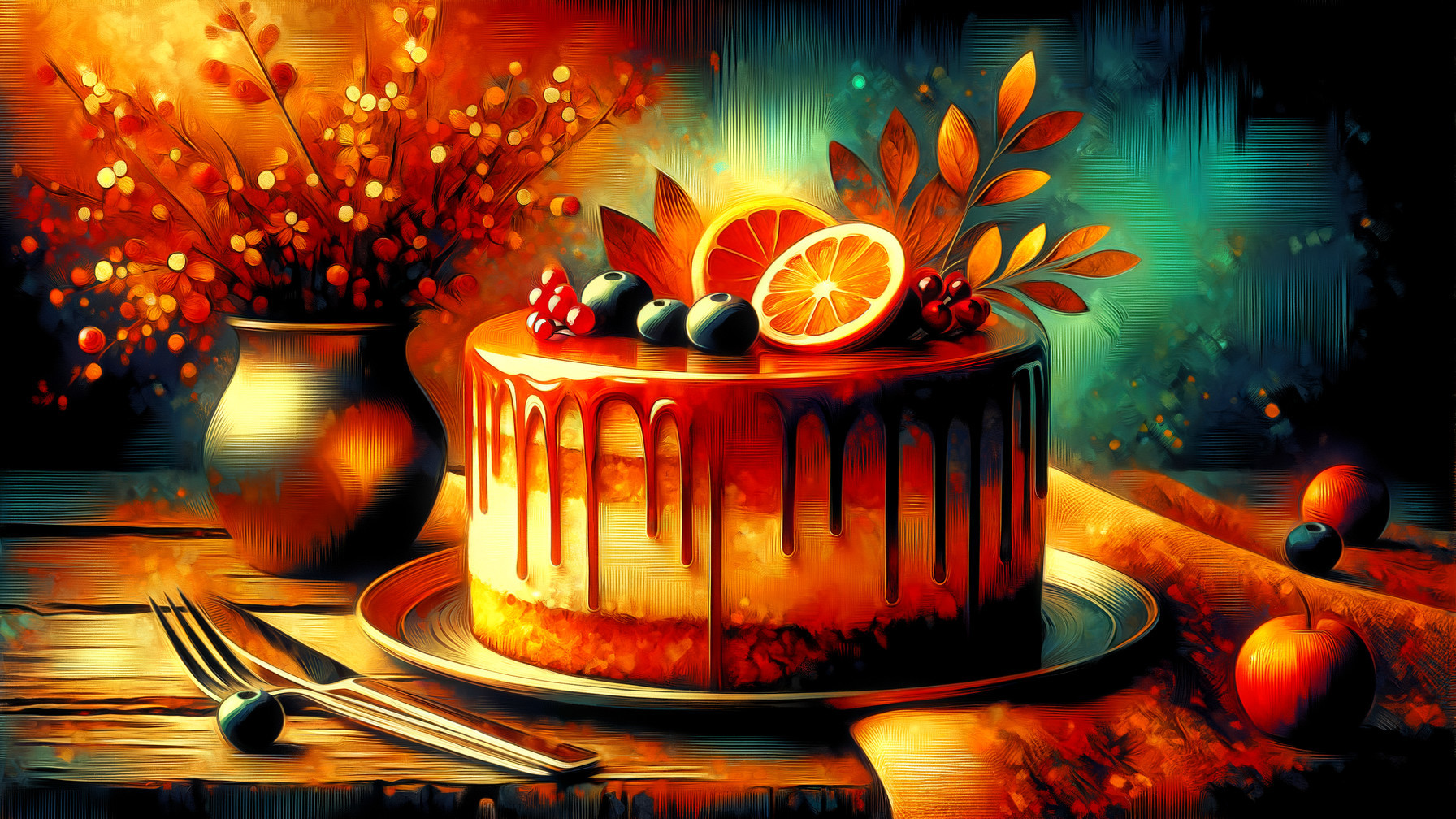 Decorated cake with fruits and flowers on wooden table