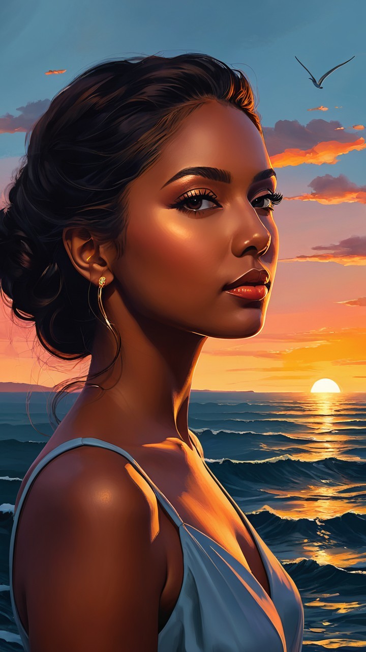 Woman in sunset by the ocean with serene expression