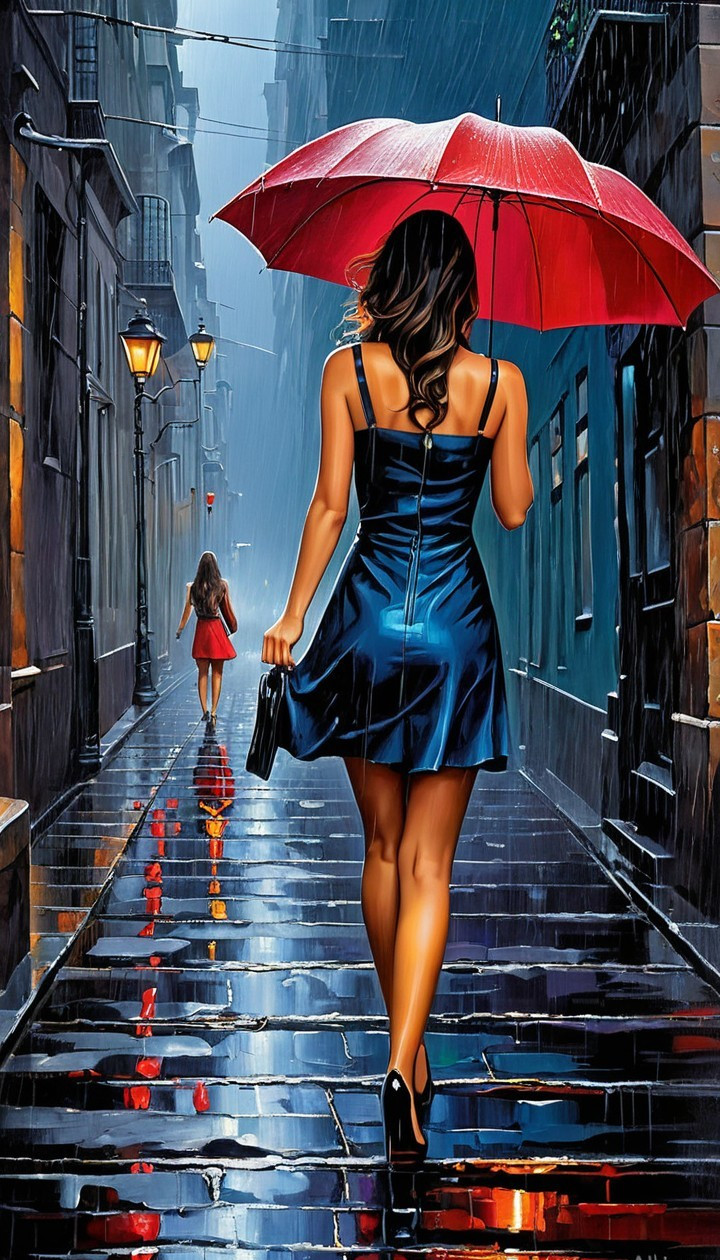 Woman in Blue Dress with Red Umbrella in Alley