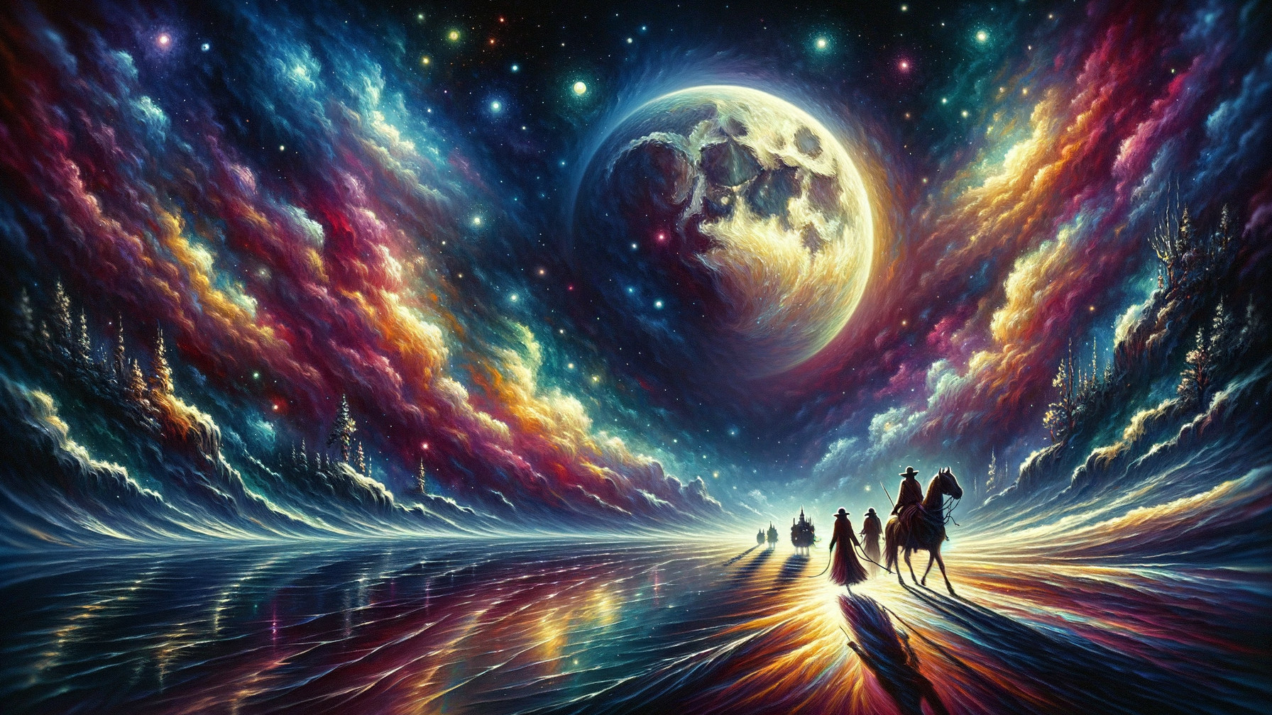 Dreamlike Nighttime Landscape with Silhouetted Figures