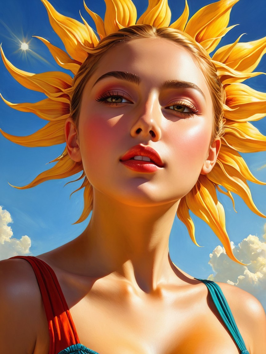 Portrait of a Young Woman with Sunflower Hair and Sky