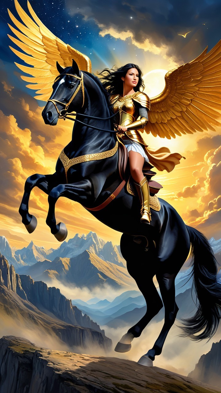Heroic Figure with Golden Wings on Black Horse