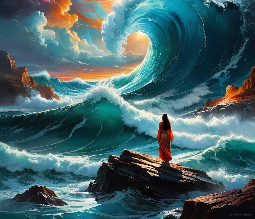 Dramatic Seascape with Waves and Sunset Colors