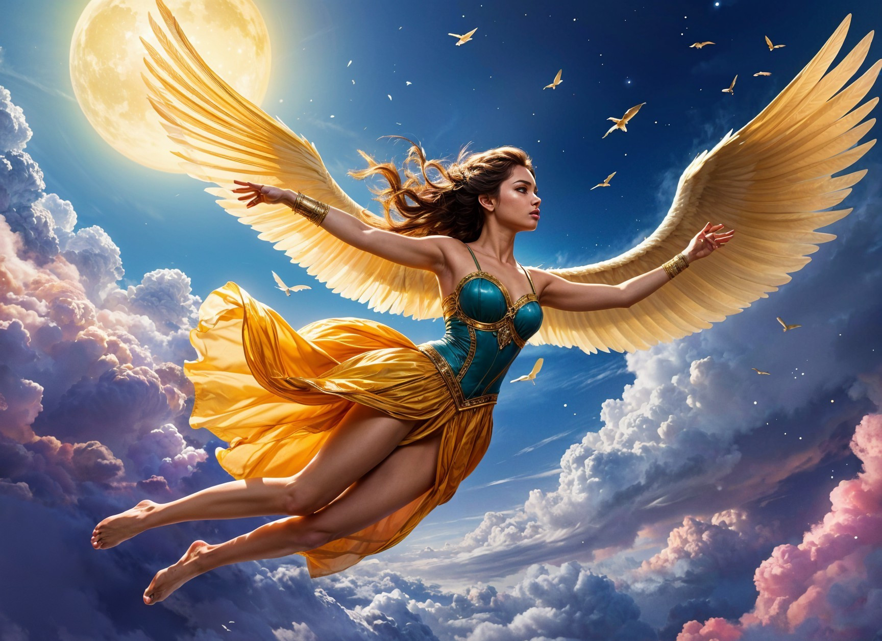 Majestic figure with golden wings in vibrant sky