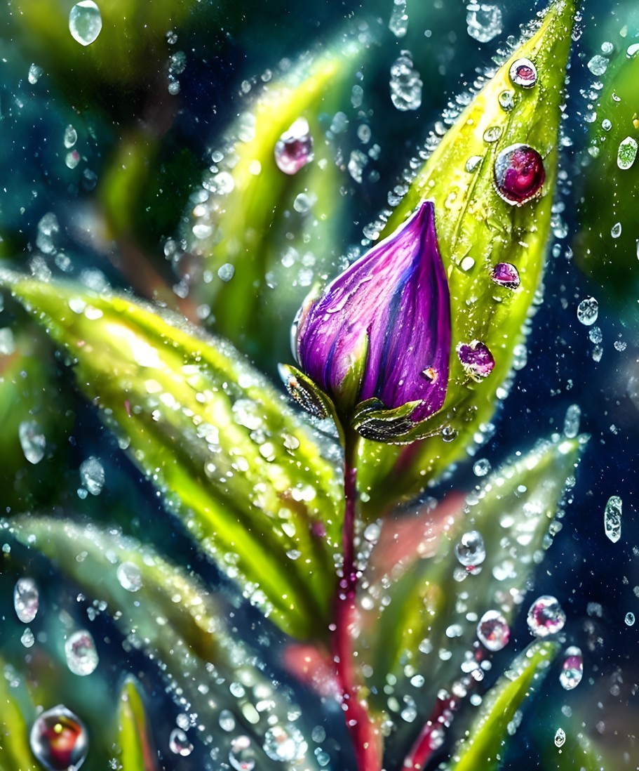 Vibrant Purple Flower Bud with Dew on Green Leaves