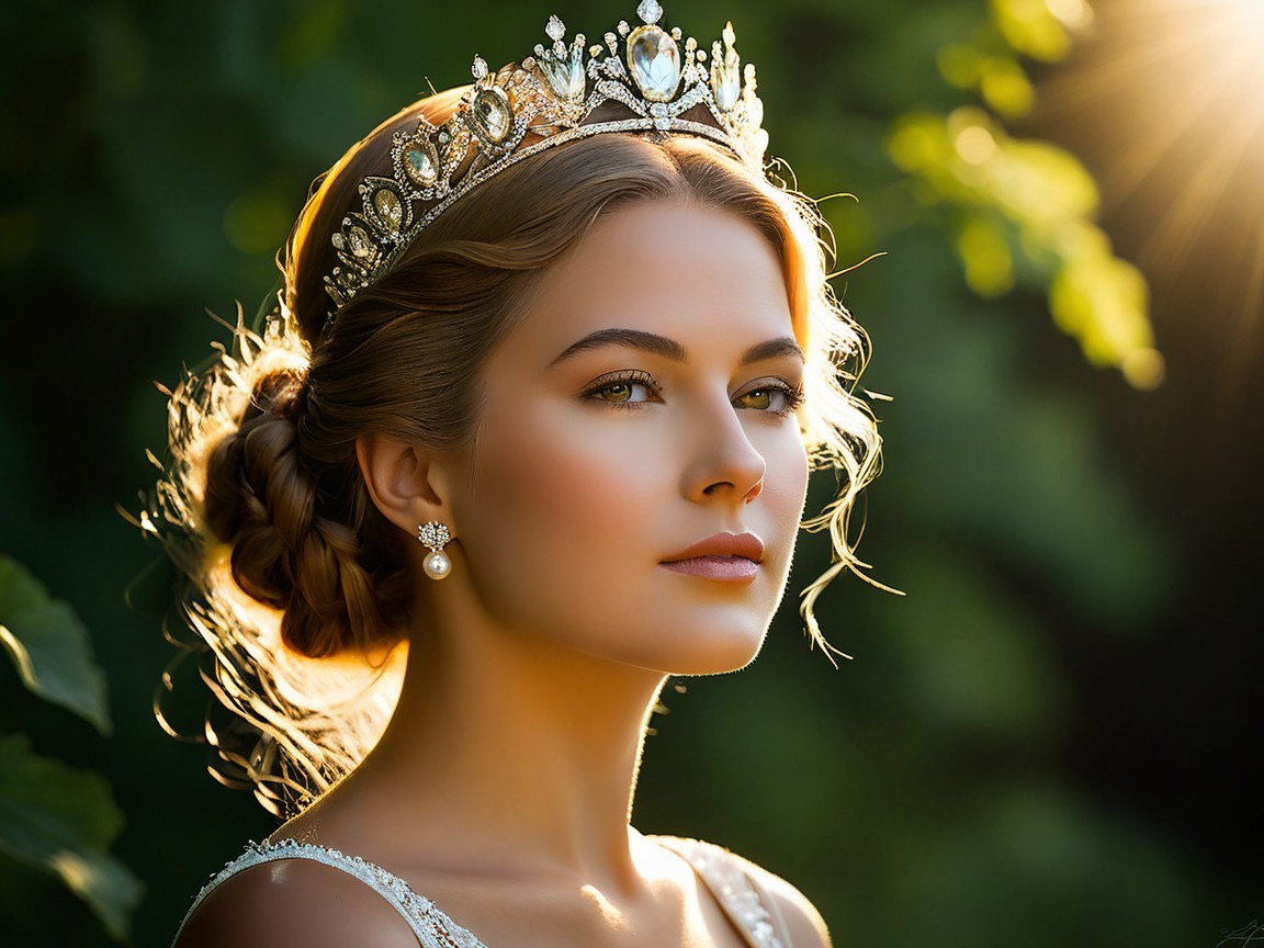 Young woman in tiara against lush greenery backdrop