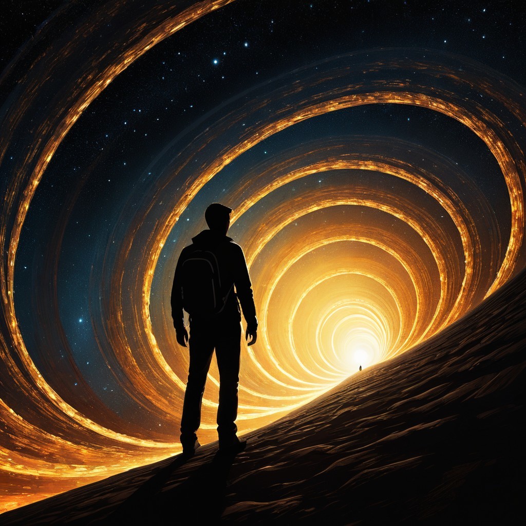 Silhouetted Figure Gazing at Golden Light Spiral
