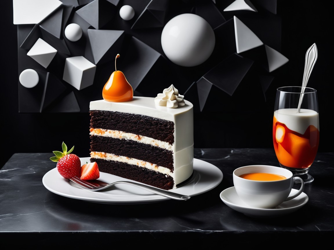 Decadent chocolate cake with strawberries and tea setting