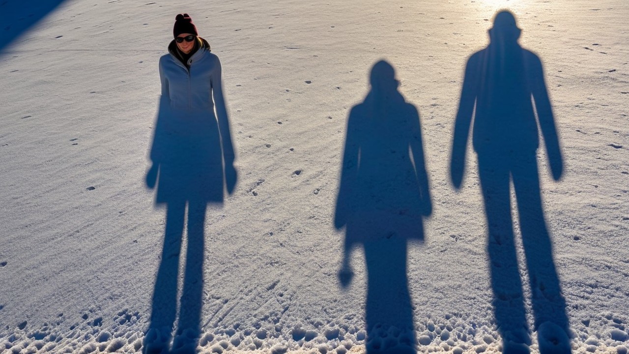 Woman in snowy landscape with long shadows and sunlight