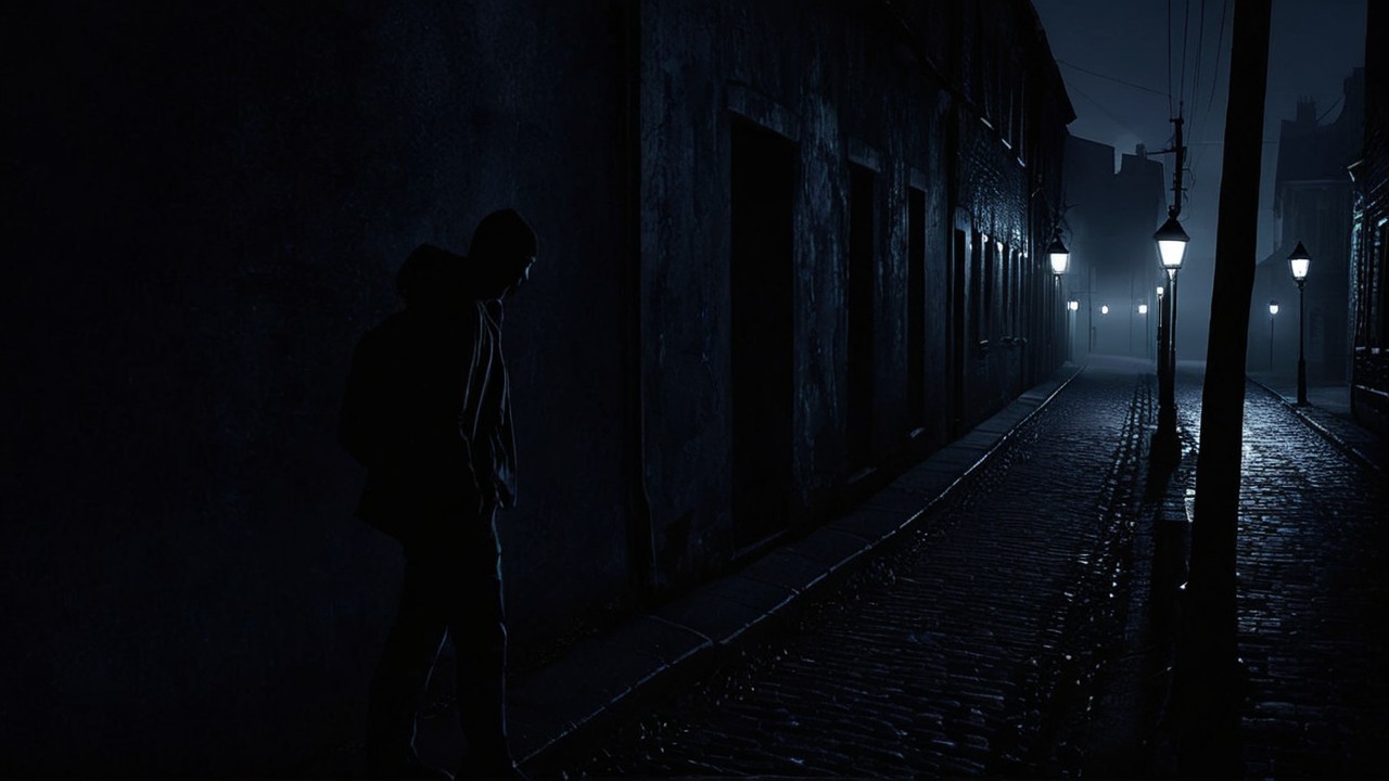 Eerie Night Scene on a Desolate Cobblestone Street