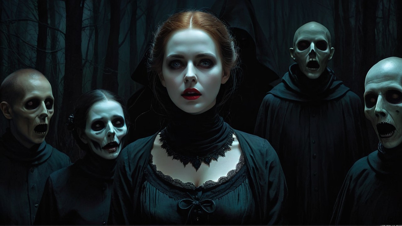 Gothic Woman in Haunting Forest with Ghostly Figures